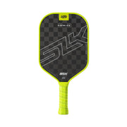 Pickleball paddle with checkered design and green handle on a white background