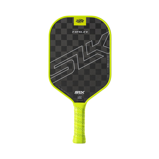 Pickleball paddle with checkered design and green handle on a white background