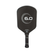 Black pickleball paddle with '6.0' branding on a white background