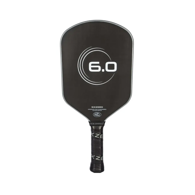 Black pickleball paddle with '6.0' branding on a white background