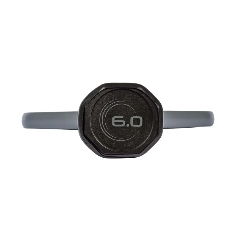 Black and gray dumbbell bar with '6.0' marking on a white background