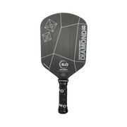 Black pickleball paddle with geometric design and branding on a white background