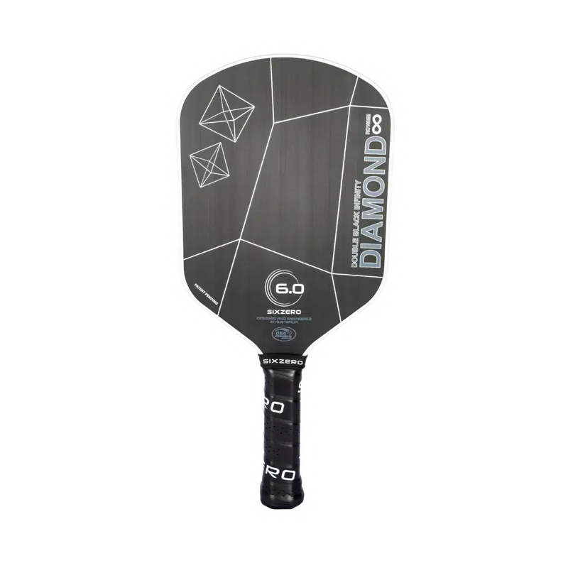 Black pickleball paddle with geometric design and branding on a white background