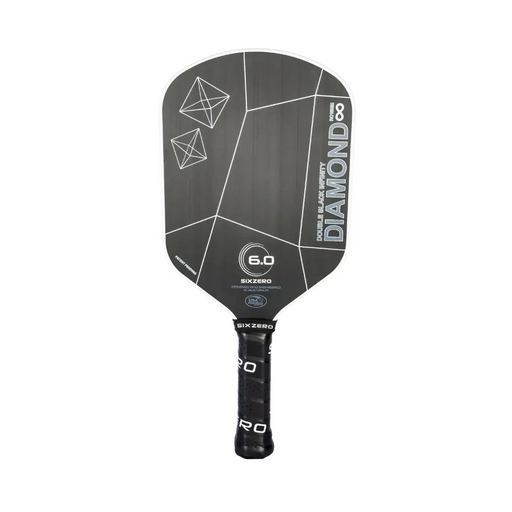 Black pickleball paddle with geometric design and branding on a white background