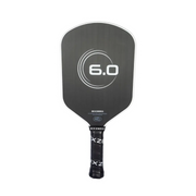 Black pickleball paddle with '6.0' branding on a white background