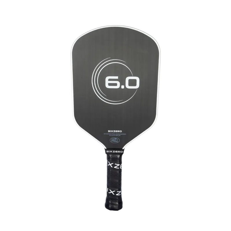 Black pickleball paddle with '6.0' branding on a white background
