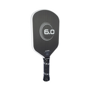 Black pickleball paddle with '6.0' branding on a white background