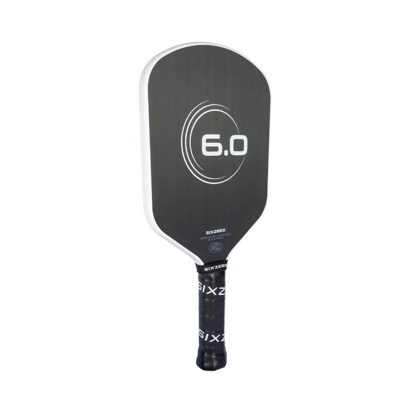 Black pickleball paddle with '6.0' branding on a white background