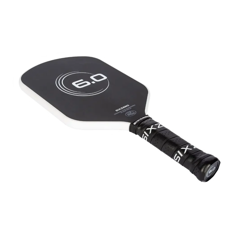 Black and white pickleball paddle with '6.0' branding on a white background