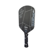 Black pickleball paddle with geometric design on a white background
