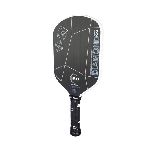 Black pickleball paddle with geometric design on a white background