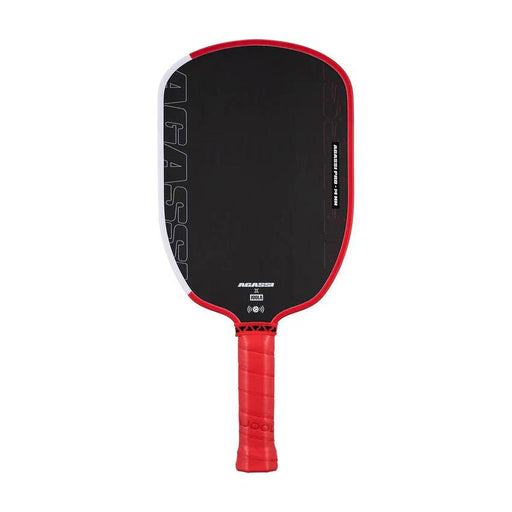 Black and red pickleball paddle on a white background