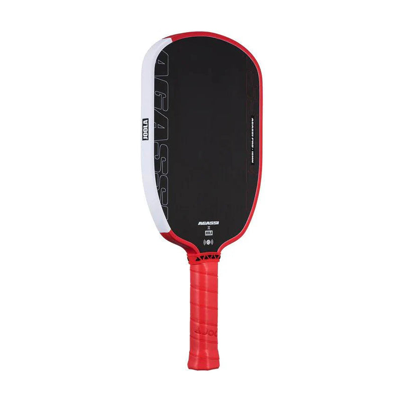 Pickleball paddle with black face and red handle on a white background