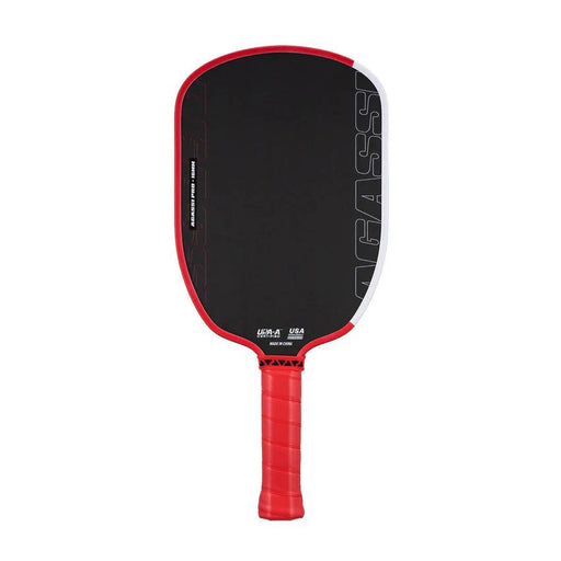 Black and red pickleball paddle on a white background