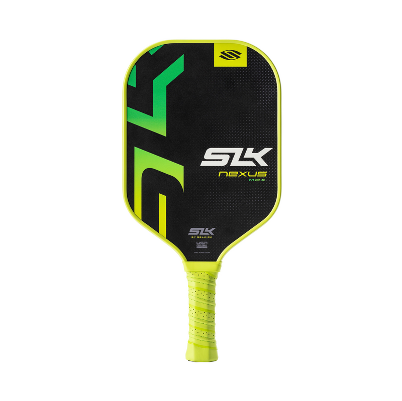 Pickleball paddle with green and black design on a white background