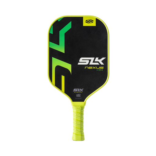 Pickleball paddle with green and black design on a white background