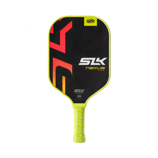 Pickleball paddle with black and red design on a white background