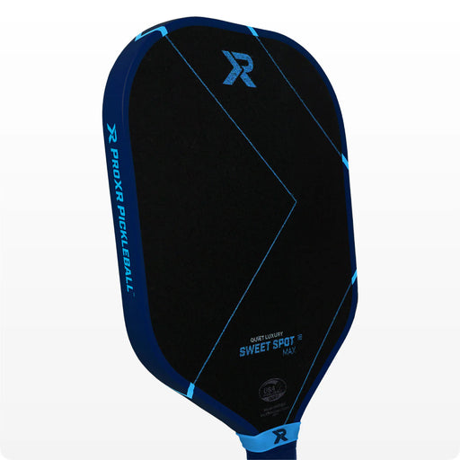 Black pickleball paddle with blue accents and branding on a white background