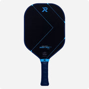 Black pickleball paddle with blue accents on a white background