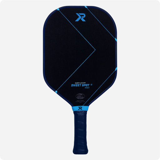 Black pickleball paddle with blue accents on a white background
