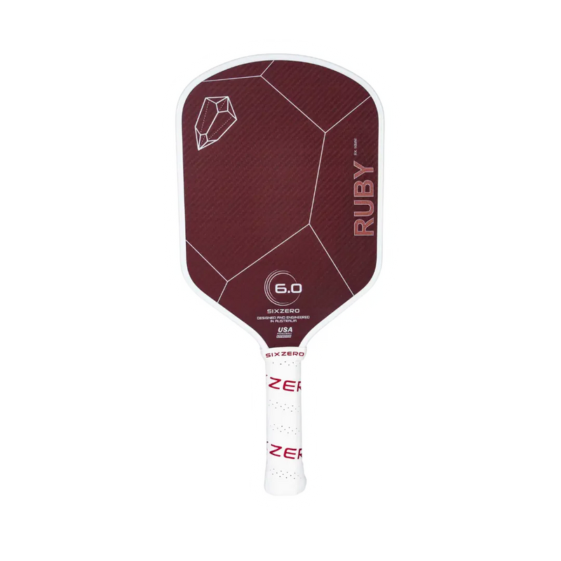 Maroon pickleball paddle with white handle on a white background