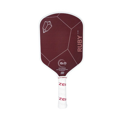 Maroon pickleball paddle with white handle on a white background