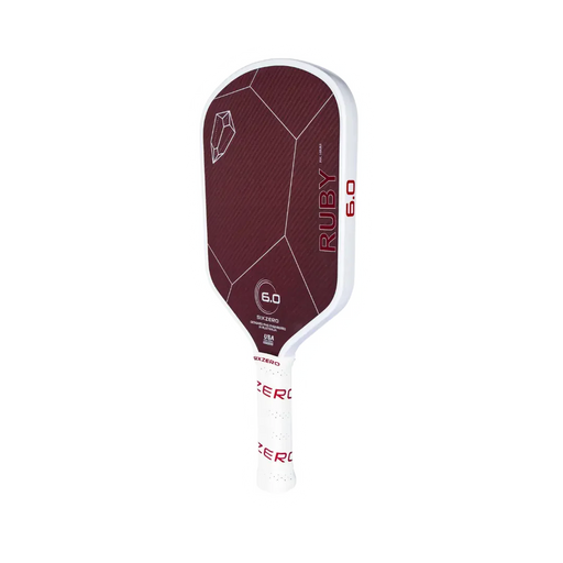Maroon and white pickleball paddle with 'Ruby 6.0' branding on a white background