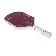 Pickleball paddle with red and white design on a white background