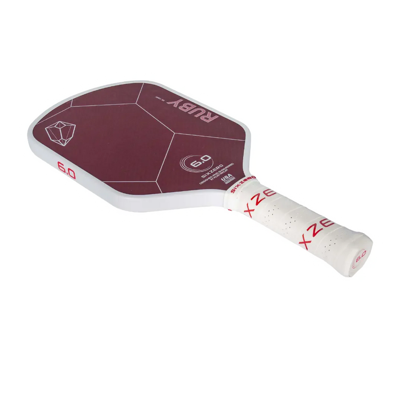 Pickleball paddle with red and white design on a white background