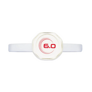 White electronic device with a circular display showing '6.0' on a white background