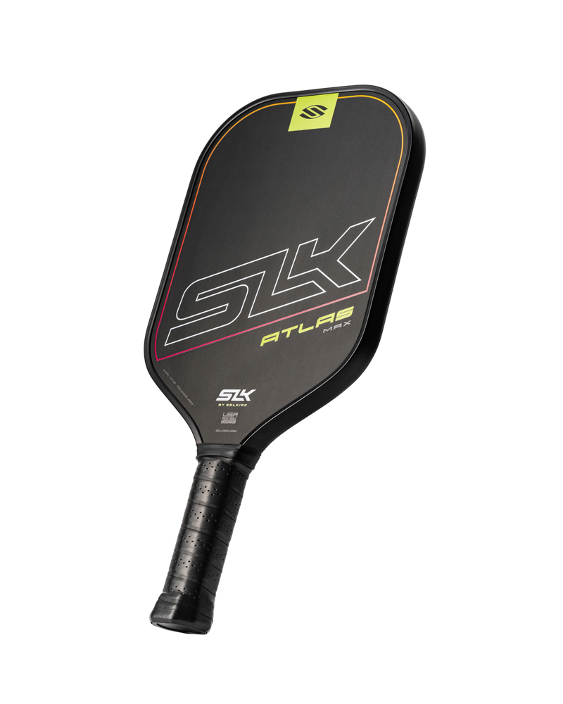 Black pickleball paddle with 'SLK' branding on a white background