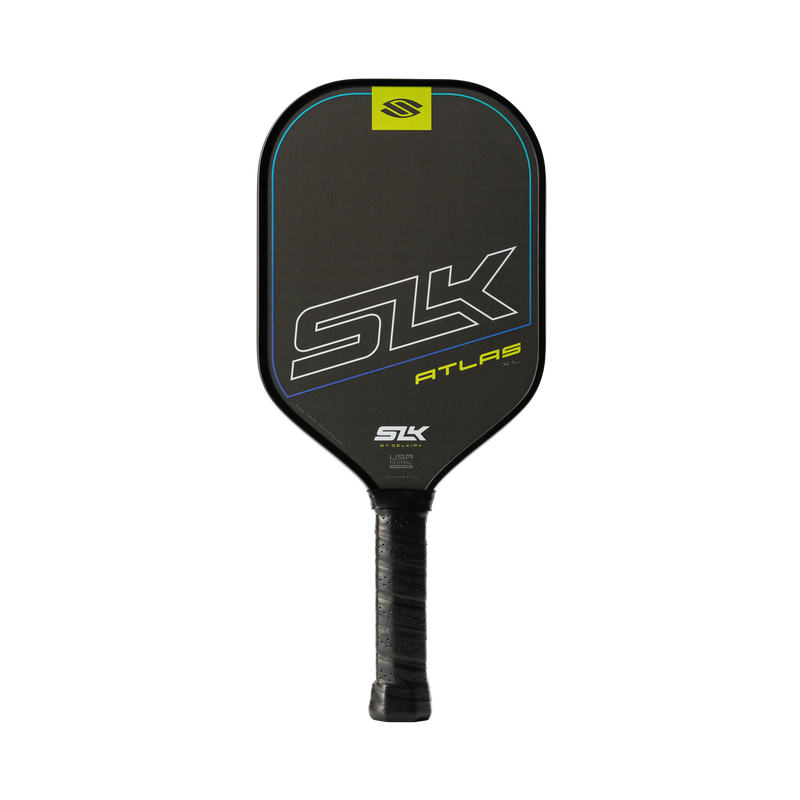 Black pickleball paddle with SLK branding on a white background