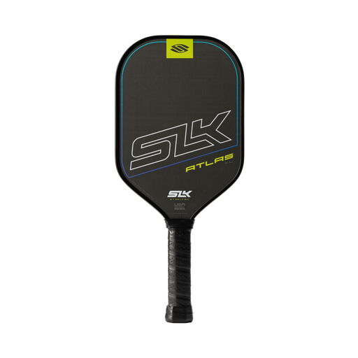 Black pickleball paddle with SLK branding on a white background