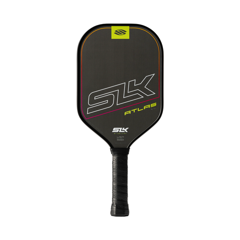 Black pickleball paddle with SLK branding on a white background