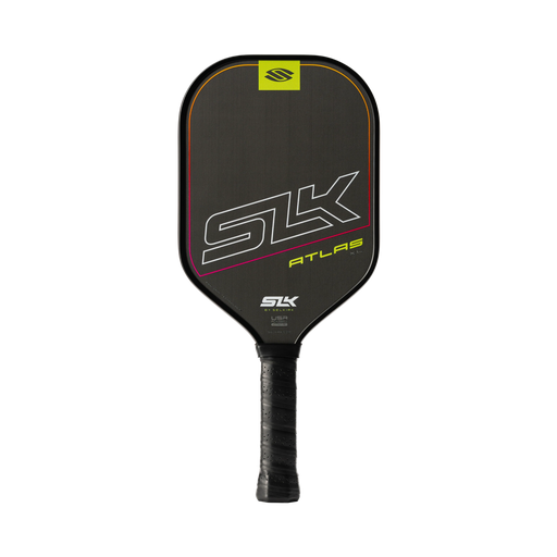 Black pickleball paddle with SLK branding on a white background