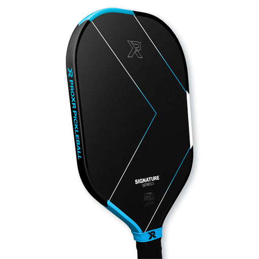 Black pickleball paddle with blue accents on a white background