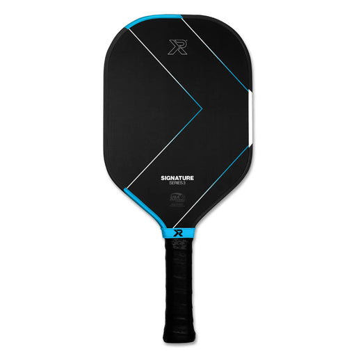 Black pickleball paddle with blue accents on a white background