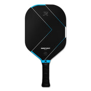 Black pickleball paddle with blue accents on a white background