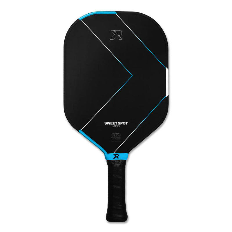 Black pickleball paddle with blue accents on a white background