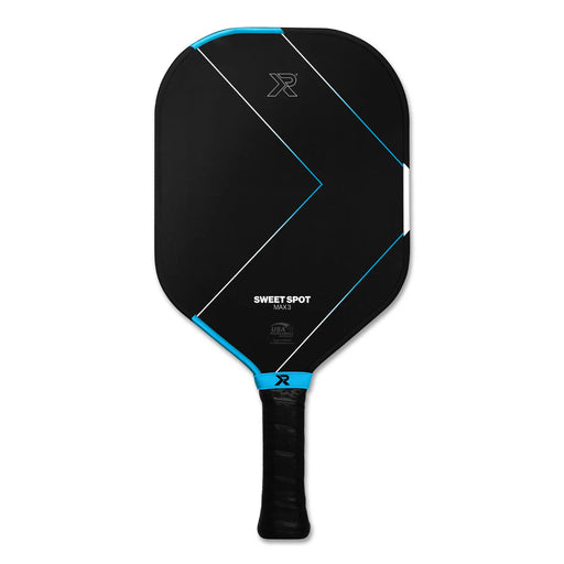 Black pickleball paddle with blue accents on a white background