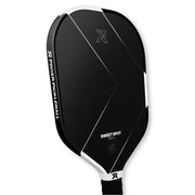 Black pickleball paddle with white accents on a white background
