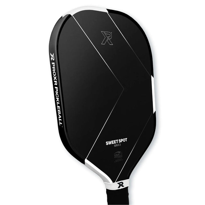 Black pickleball paddle with white accents on a white background