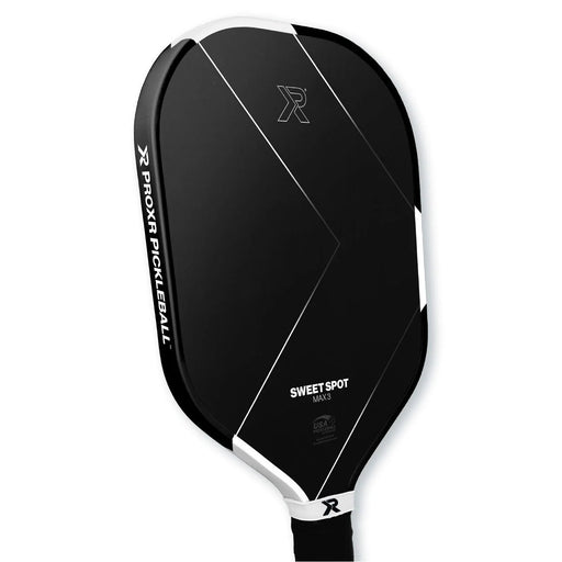 Black pickleball paddle with white accents on a white background