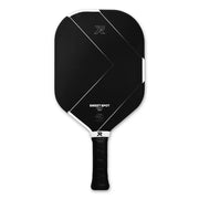 Black pickleball paddle with white text on a white background