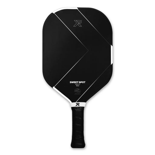 Black pickleball paddle with white text on a white background