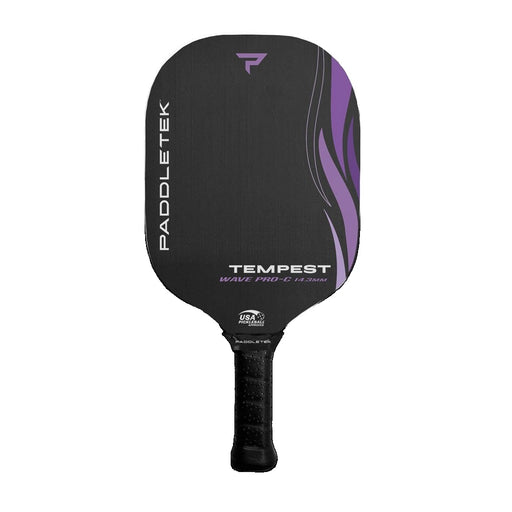 Black pickleball paddle with purple accents and 'Paddletek Tempest' branding on a white background