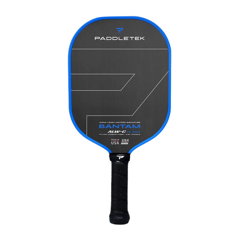 Paddletek pickleball paddle with blue rim on a white background