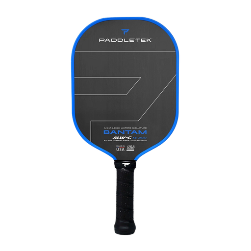 Paddletek pickleball paddle with blue rim on a white background