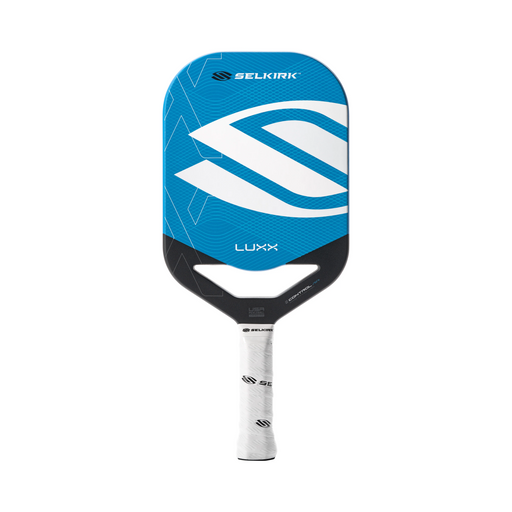 Blue and black pickleball paddle with Selkirk branding on a white background