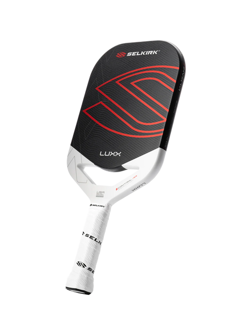Pickleball paddle with black and red design on a white background